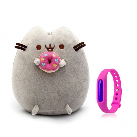 Набор Мягкая игрушка Pusheen cat с пончиком Gray и Детский силиконовый браслет от комаров (n-1087)
