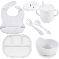 Набор детской силиконовой посуды тарелка 2Life D14 слюнявчик, тарелка для супа, приборы, поильникY1 Мрамор (n-10274) Миколаїв