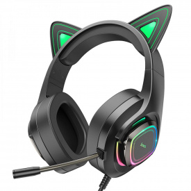 Игровые проводные наушники с микрофоном Hoco W107 Cute Cat Ear RGB USB 3.5 мм Green