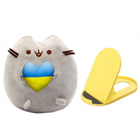 Мягкая игрушка S&T Пушин кэт с сердцем в лапках 25 см Серый и Подставка для гаджетов Желтый (n-10384)