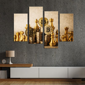 Модульная картина из 4 частей на холсте KIL Art Биткоин среди золотых шахмат 89x56 см (523-42)