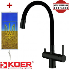 Смеситель для кухни с выходом для питьевой воды Koer KB-72002-05, Чехия (цвет черный) силиконовый гусак + подарок Картина-обогреватель Полтава