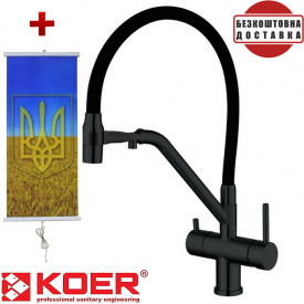 Смеситель для кухни с выходом для питьевой воды Koer KB-72006-05, Чехия (цвет черный) черный силиконовый гусак + подарок Картина-обогреватель