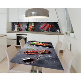 Наклейка 3Д вінілова на стіл Zatarga «Стейк та вино» 600х1200 мм для будинків, квартир, столів, кав'ярень, кафе