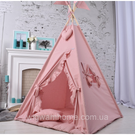 Вигвам для Девочки Пудровый с рюшами детская палатка домик с ковриком- подушечки и подушкой 110*110*180 см