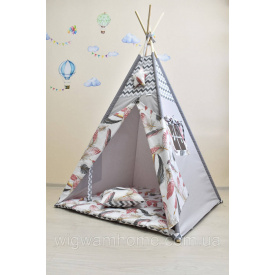 Палатка Вигвам детский c Большими красными перьями с матрасиком и подушкой подвеска звёздочка в подарок 110*110*180 см