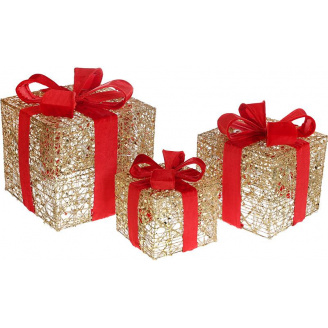Набор декоративных подарков 3 шт 15см, 20см, 25см с подсветкой золотой с красным BonaDi DP99089