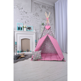 Вигвам Для Девочки со звёздачками, детская палатка домик Розовый с матрасиком и подушкой, подвеска сердечко в Подарок 110*110*180 см