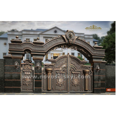 Фото - Ковані ворота розпашні закриті з хвірткою аркою і левами Ковані ворота розпашні закриті з хвірткою аркою і левами