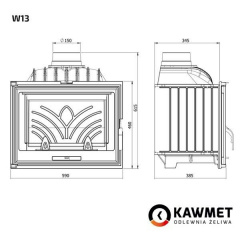 Камінна топка KAWMET W13 9,5 кВт 590х460х385 мм Кобижча