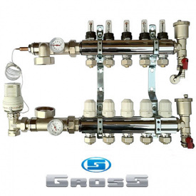 Коллекторный узел в сборе для системы ТЕПЛЫЙ ПОЛ GROSS на 5 выходов 2 сливные группы