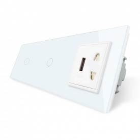 Сенсорный выключатель 2 канала (1-1) универсальная розетка и USB Livolo белый стекло (VL-C701/C701/C1A1USB-11)