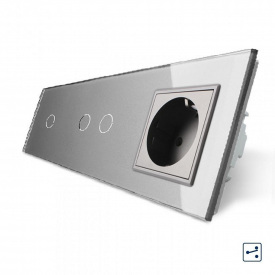 Сенсорний прохідний вимикач Livolo 3 каналу (1-2) з розеткою сірий скло (VL-C701S/C702S/C7C1EU-15)