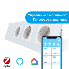 Сенсорний Wi-Fi вимикач Livolo ZigBee 2 каналу з трьома розетками білий скло (VL-C702Z/C7C3EU-11)