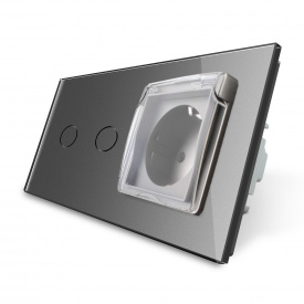 Сенсорний вимикач 2 каналу Розетка з кришкою IP44 Livolo сірий скло (VL-C702/C7C1EUWF-15)