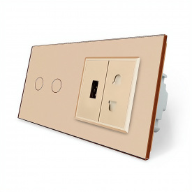 Сенсорний вимикач 2 сенсора 1 USB 1 розетка універсальна золотий скло Livolo (VL-C702/C7USBC1A-13)