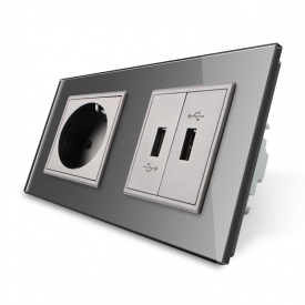 Розетка із заземленням з 2 USB розетками сірий скло Livolo (VL-C7C1EU2USB-15)