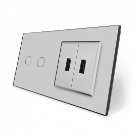 Сенсорний вимикач 2 сенсора 2 USB сірий скло Livolo (VL-C702/2USB-15)