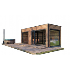 Модульная баня 5,5х2,3м отделка рейка с панорамным окном Gartensauna-22 от Thermowood Production под ключ