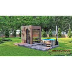 Міні сауна 2,3х2,3м оздоблення термо рейка Gartensauna-14 Thermowood Production під ключ від виробника Свеса