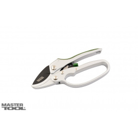 Секатор садовий MASTERTOOL з храповим механізмом 185 мм ручки AL+TPR лезо SK5+тефлон ковадло 14-6118