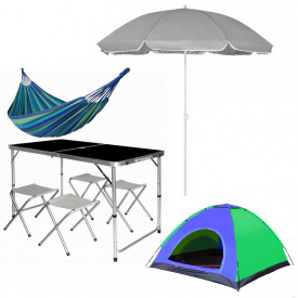 Комплект раскладной стол и 4 стула Crystal 120х60х70 в чемодане Black + Зонт 1.8м+ Палатка Green-Blue + Гамак 200х80