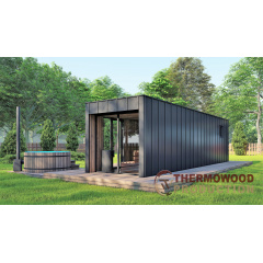 Каркасная баня 9,0х2,5м High-Tech Sauna 05 под ключ в современном стиле хай-тек от производителя ThermoWood Хмельник