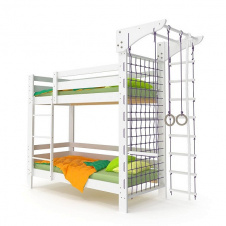 Двухъярусная спорткровать Babyson-7 белая 80x190 см с лестницей + комплект гладиаторская сетка с турником и гимнастическими кольцами