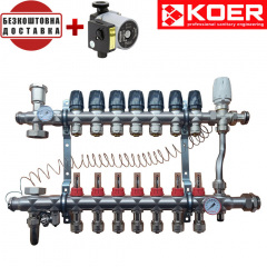 Коллекторный узел в сборе для "ТЕПЛЫЙ ПОЛ" с 3-х ходовым клапаном KOER KR.S1013-07 на 7 выходов с подключением к радиаторам с байпасом (Чехия) Киев