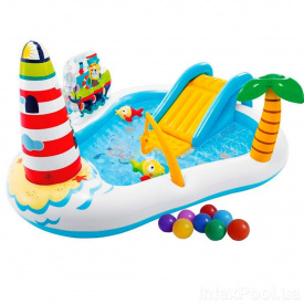 Надувной игровой центр Intex 57162-1 Веселая Рыбалка 218 x 188 x 99 см с надувной удочкой 2 рыбки с шариками 16 шт