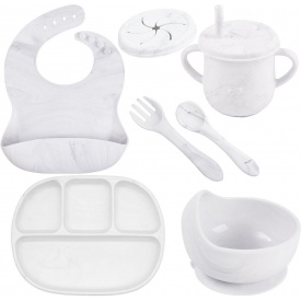 Набор детской силиконовой посуды тарелка 2Life D14 слюнявчик, тарелка для супа, приборы, поильникY1 Мрамор (n-10274)
