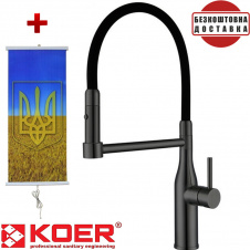 Смеситель для кухни нерж. стали SUS304 Koer KI-70005-07, Чехия (цвет графит) черный силиконовый гусак + подарок Картина-обогреватель