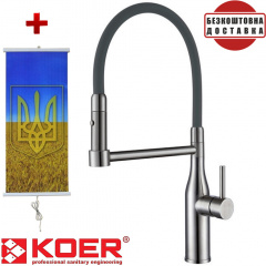 Смеситель для кухни нерж. стали SUS304 Koer KI-70005-02, Чехия (цвет нерж) серый силиконовый гусак + подарок Картина-обогреватель Буча