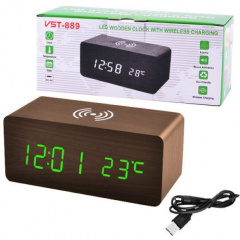 Годинник мережевий VST 889-4 бездротова зарядка USB Коричневі Киев