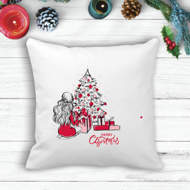 Подушка с новогодним принтом Девушка у елки с подарками "Merry Cristmas" Белый Кавун П003575