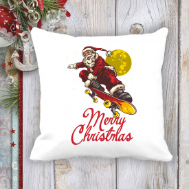 Подушка с новогодним принтом Дед Мороз на скейте "Merry Christmas" 2 Белый Кавун П003672