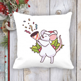 Подушка с новогодним принтом Мышонок и хлопушка Белый Кавун П003714