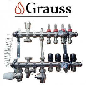Колекторний вузол у зборі 1012-04 Grauss для системи "ТЕПЛА ПІДЛОГА" на 4 виходи з нижнім підключенням з нержавіючої сталі (Чехія)