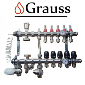 Колекторний вузол у зборі 1012-05 Grauss для системи "ТЕПЛА ПІДЛОГА" на 5 виходів з нижнім підключенням з нержавіючої сталі (Чехія)