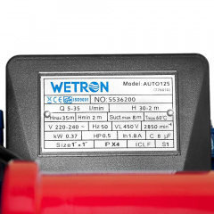 Станция 0.37 кВт Hmax 35 м Qmax 35 л/мин (вихревой насос) 1л WETRON (776010) Орехов