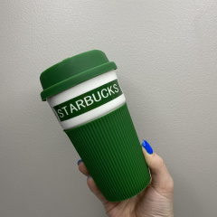 Склянка керамічна з силіконовою кришкою UKC 400 мл Starbucks 9703 зелений з білим Полтава