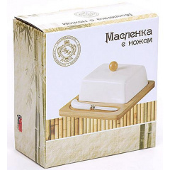 Маслянка BonaDi Ceram-Bamboo з бамбуковим блюдцем і ножем для масла 14.5х14.5х8 см Біло-бежевий DP66899 Херсон