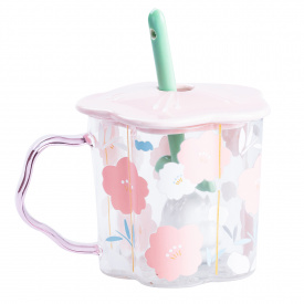 Чашка детская с принтом и крышкой с ложкой Happy Life розовая (HP7213P)