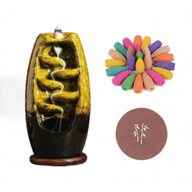 Керамическая подставка для благовоний с 120 конусами + 30 ароматических палочек Backflow желтый