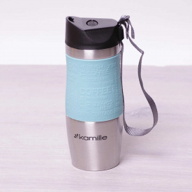 Термокухоль Kamille 380 мл з нержавіючої сталі Срібляста / Блакитна КМ-2052