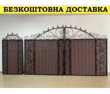Ворота с коричневым матовым профнастилом и ковкой в ​​НАЛИЧИИ