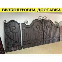 Ворота с коричневым матовым профнастилом и ковкой в ​​НАЛИЧИИ Вишневе