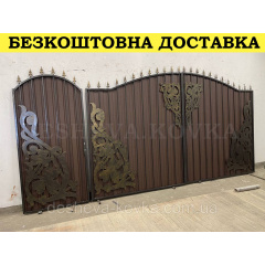 Ворота кованые из профнастилом и калиткой Код: А-01219 Вишневое
