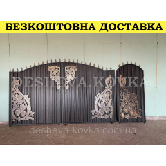 Ворота кованые из профнастилом и калиткой Код: А-01219 Вишневое