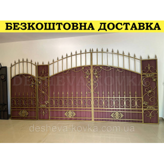 Ворота с вишневым матовым профнастилом и ковкой в ​​НАЛИЧИИ